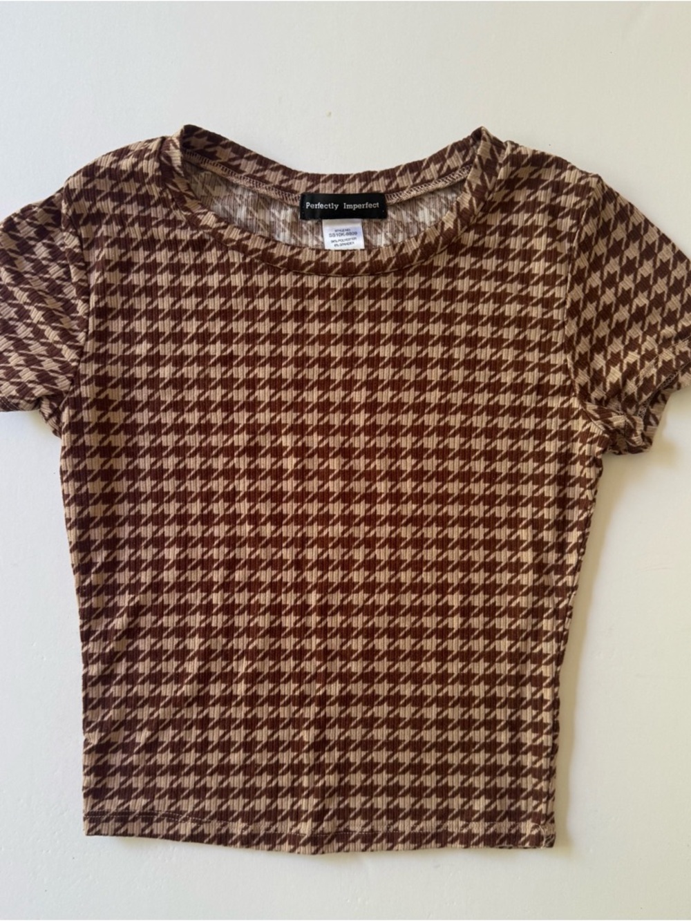 Perfectly Imperfect Houndstooth Baby Tee Brown Fitted Stretch Top S